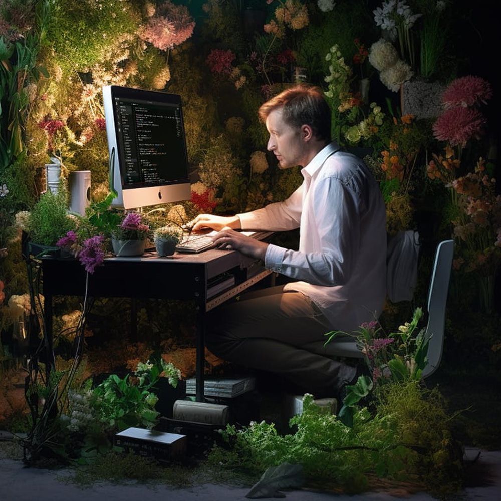 Ein Mann arbeitet an einem Computer, umgeben von Pflanzen und Blumen