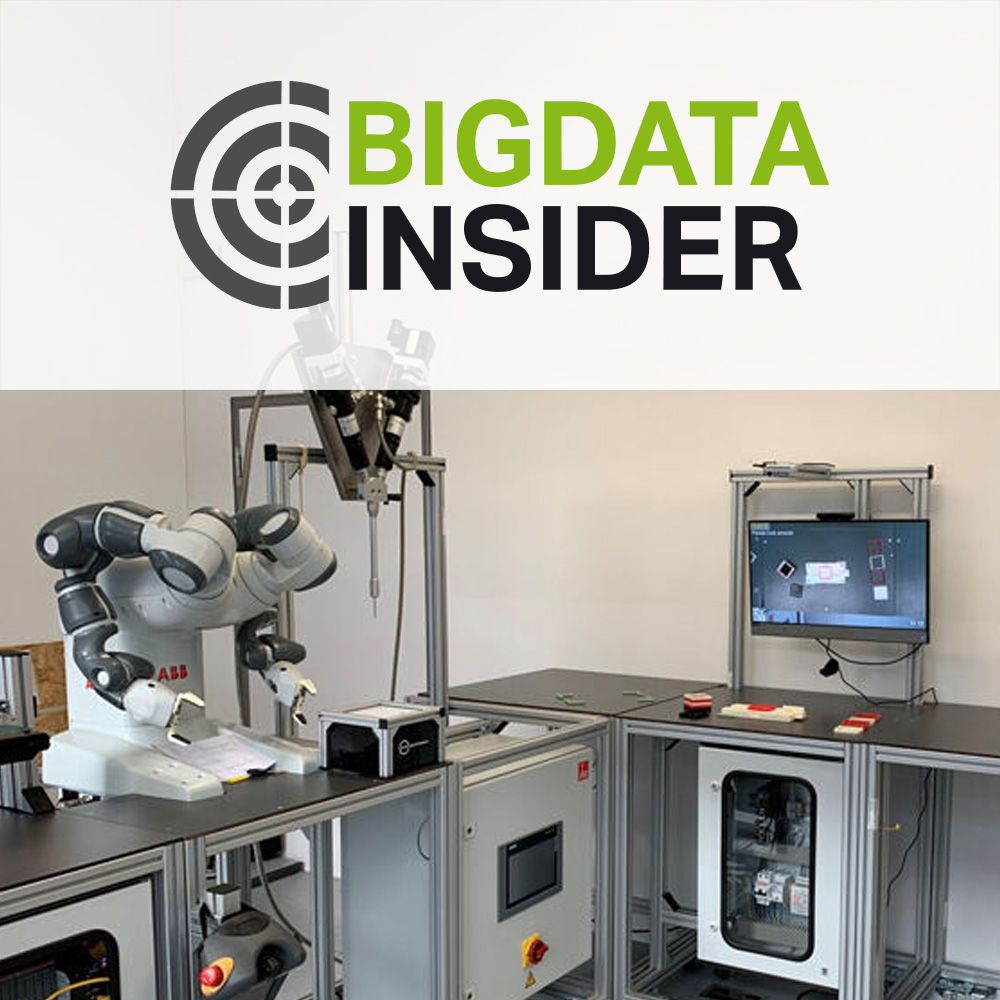 Bigdata Insider Logo über einem Labor mit einem Roboterarm und Geräten